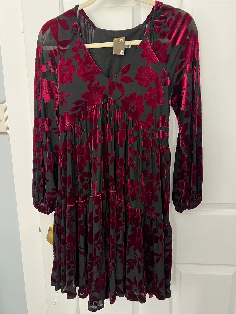 Taylor Burgundy Floral Velvet Burnout Long Sleeve Dress on Black